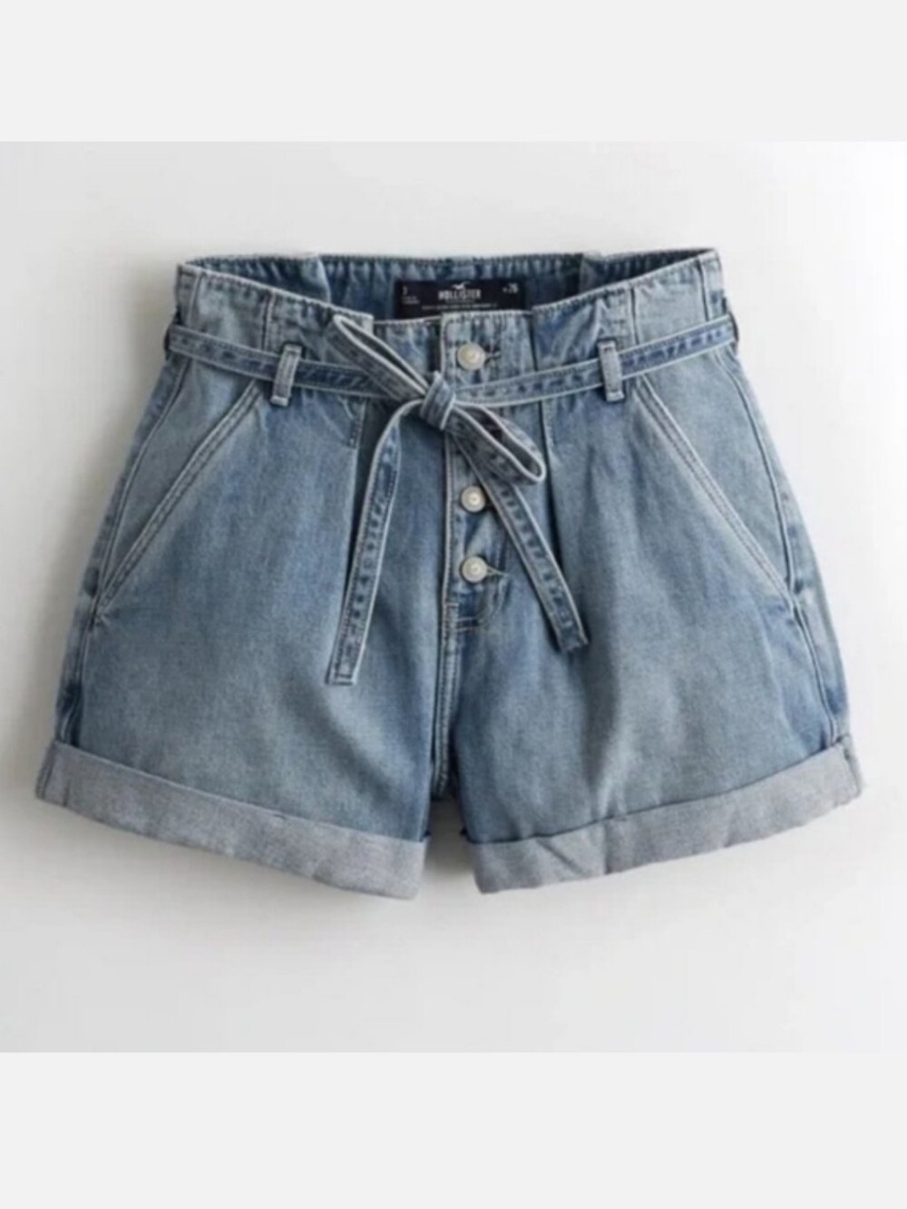 Hollister Ultra High Rise Paper Bag Waist Denim Shorts Button Fly With Tie Sz 1